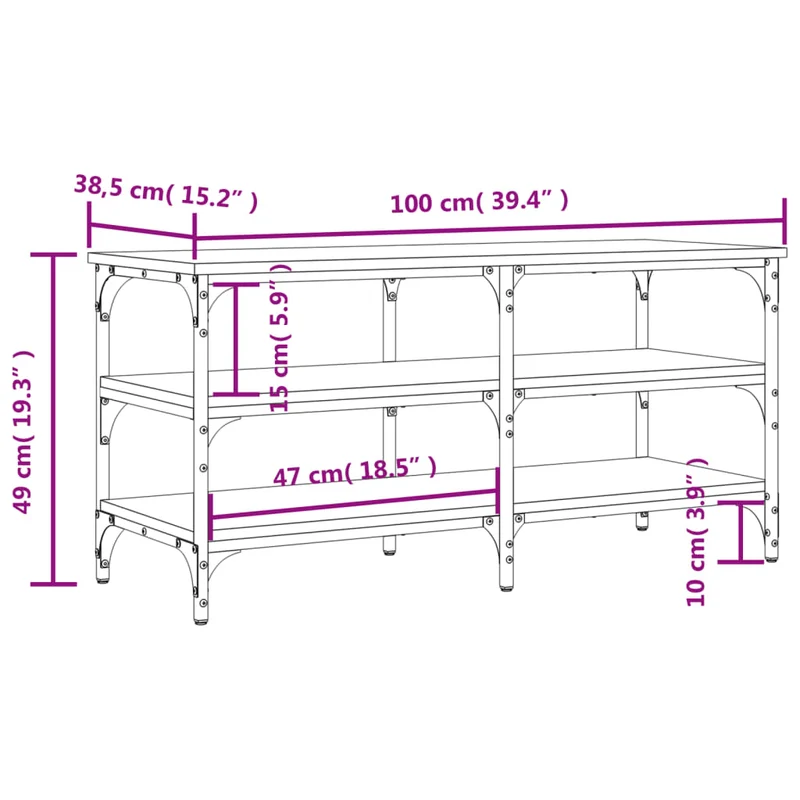 Banc de rangement à chaussures 3 étagères 100 x 38,5 x 49 cm bois d'ingénierie couleur sonoma gris DEC024930