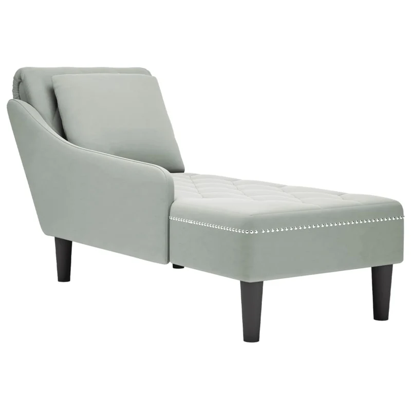 Méridienne chaise longue canapé pour intérieur et coussin et accoudoir droit en velours gris DEC026265