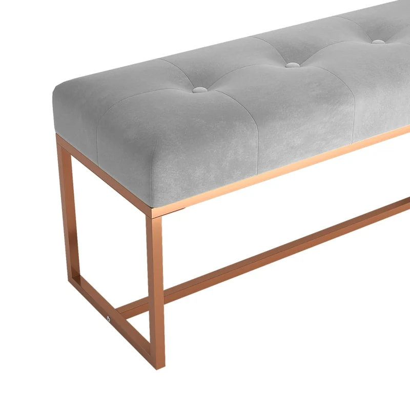 Banc de bout de lit design moderne 110 x 36 x 45 cm en velours gris capitonné cadre en métal doré DEC024812