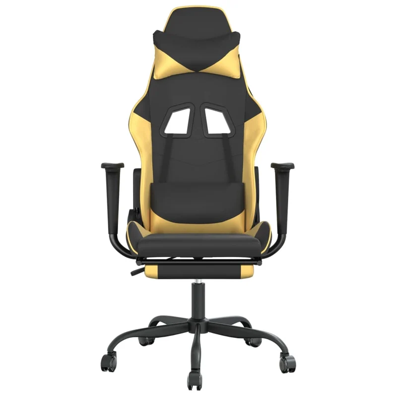 Fauteuil de bureau chaise gaming sur roulettes avec repose-pieds noir et doré PVC DEC025772