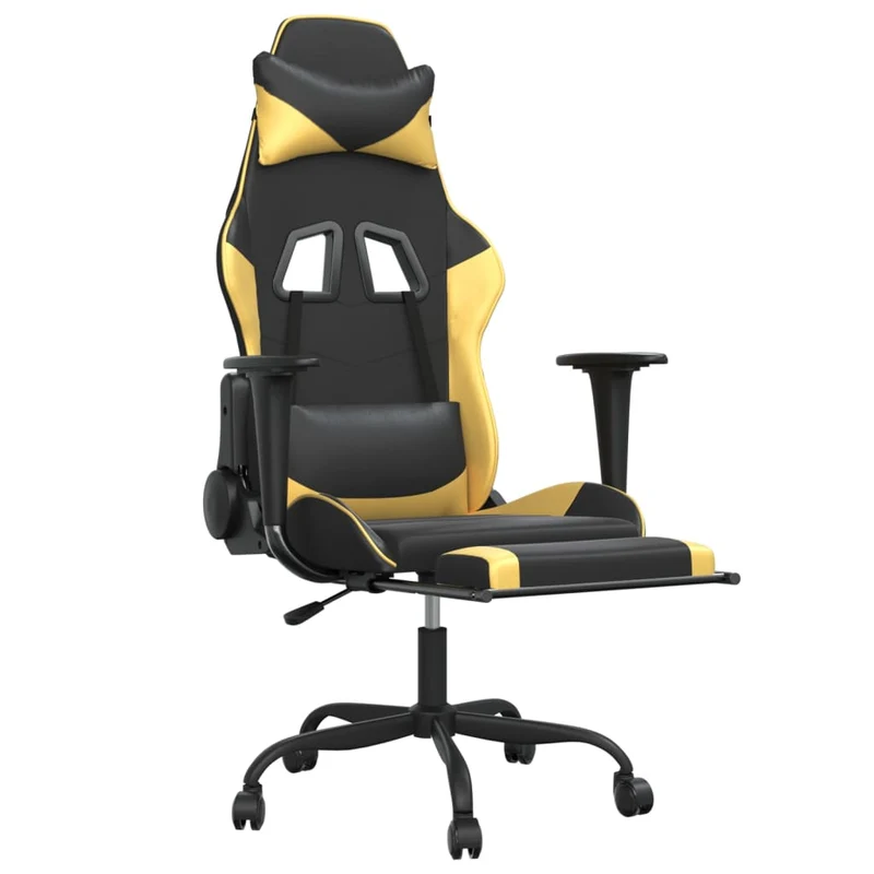 Fauteuil de bureau chaise gaming avec coussin lombaire et repose-pieds noir et doré PVC DEC025852