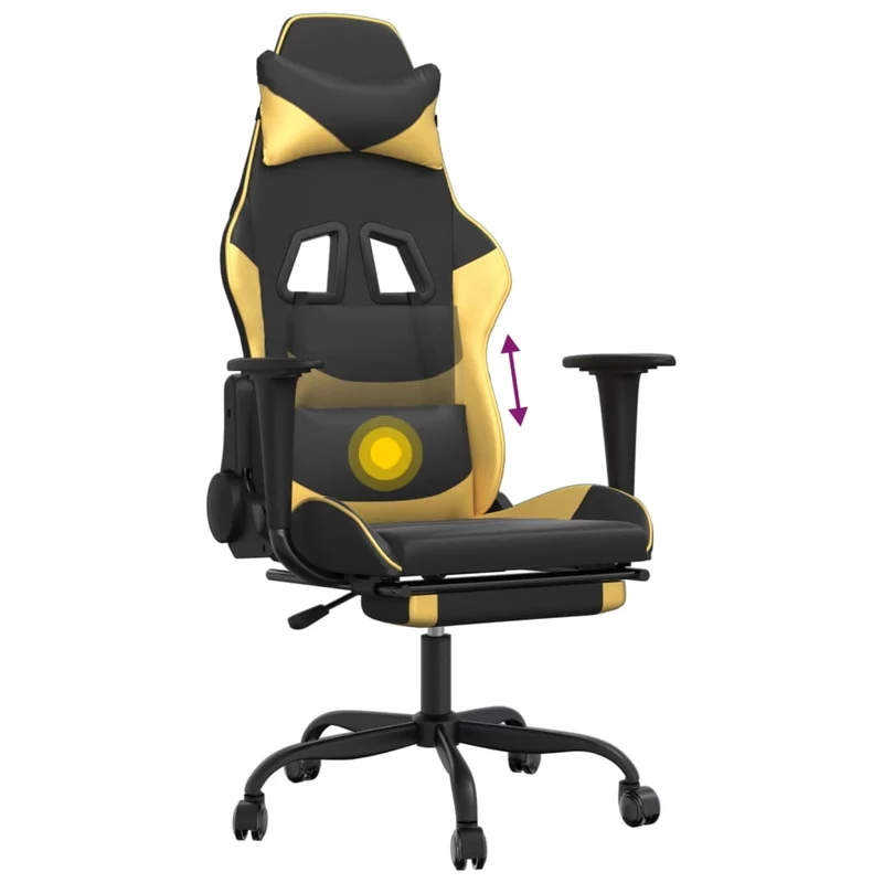 Fauteuil de bureau chaise gaming avec coussin lombaire et repose-pieds noir et doré PVC DEC025852