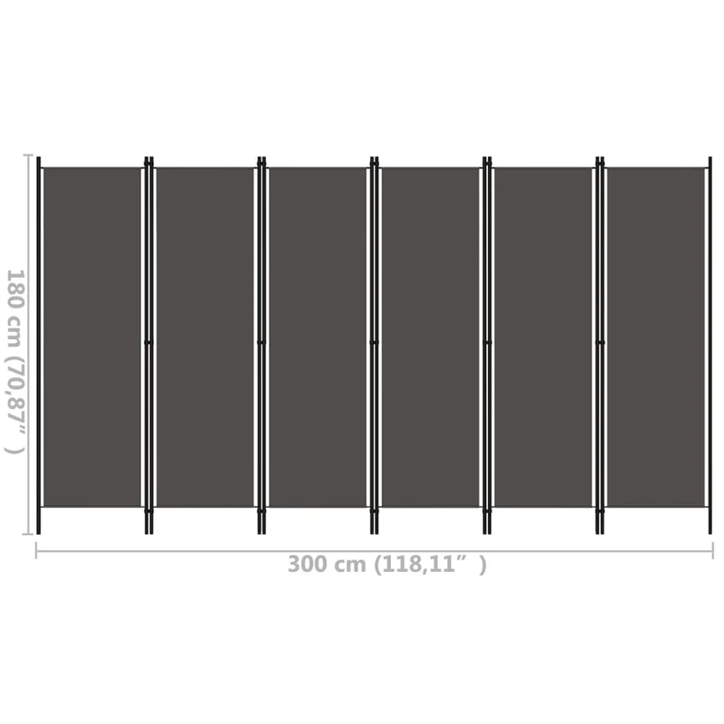 Paravent séparateur de pièce cloison 6 panneaux 300 x 180 cm en tissu anthracite et métal DEC031035