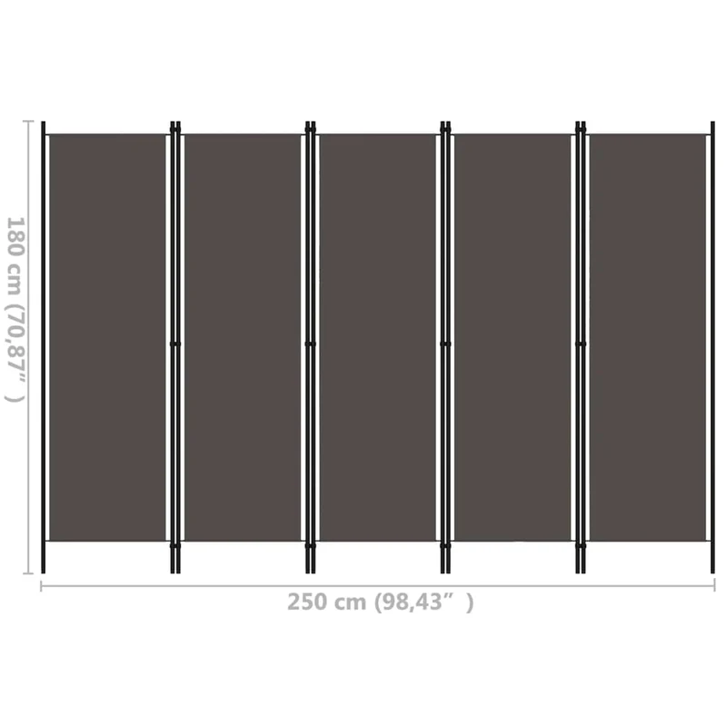 Paravent séparateur de pièce cloison 5 panneaux 250 x 180 cm en tissu anthracite et fer DEC030934