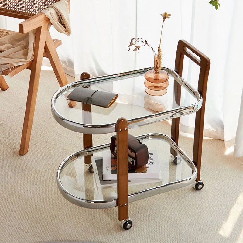 Traditional Japanese Removable Oval Rubberwood Iron Glass End Table 2-Tier For Living Room