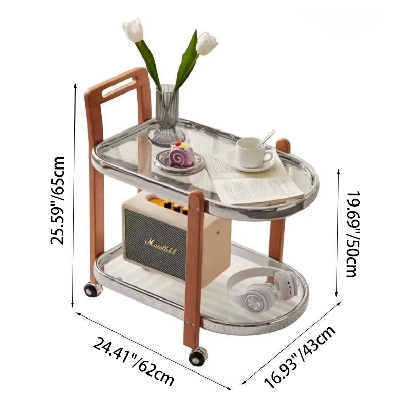 Traditional Japanese Removable Oval Rubberwood Iron Glass End Table 2-Tier For Living Room