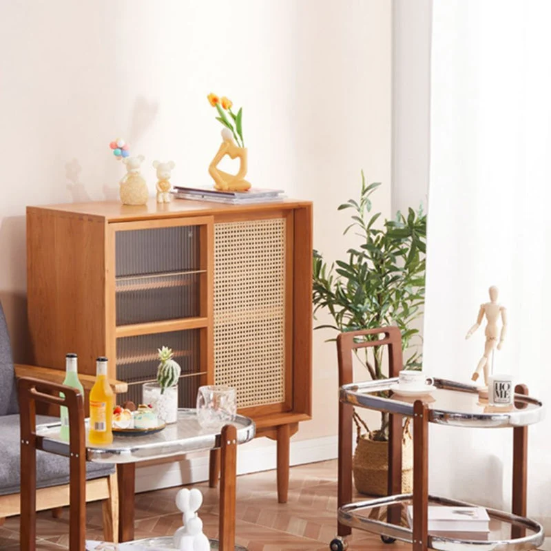 Traditional Japanese Removable Oval Rubberwood Iron Glass End Table 2-Tier For Living Room