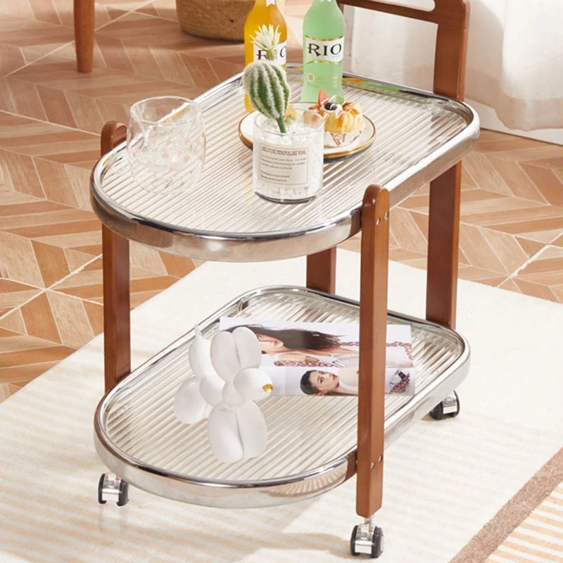 Traditional Japanese Removable Oval Rubberwood Iron Glass End Table 2-Tier For Living Room