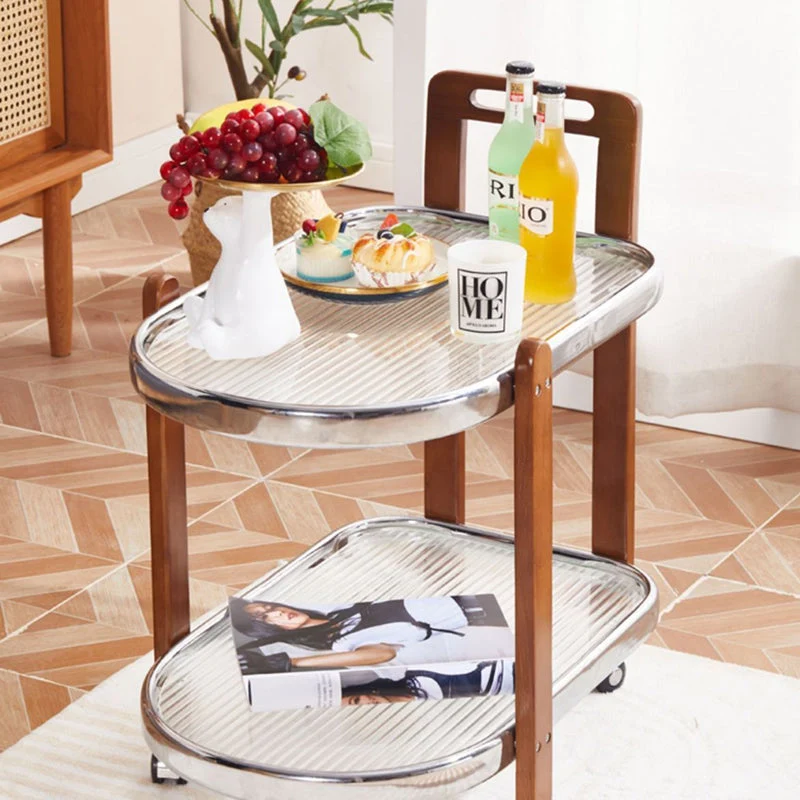 Traditional Japanese Removable Oval Rubberwood Iron Glass End Table 2-Tier For Living Room