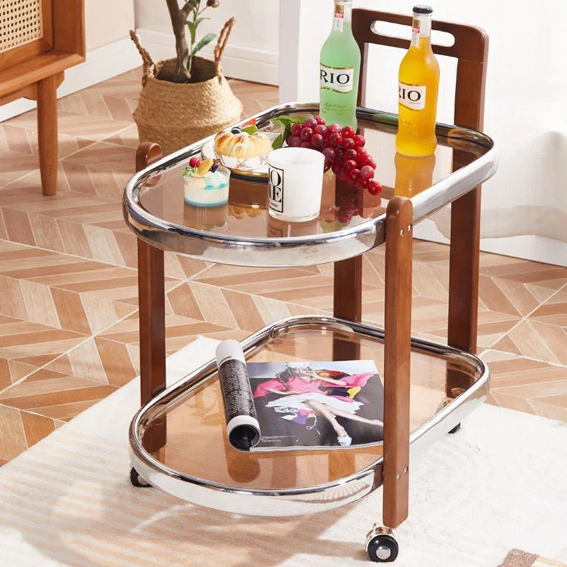 Traditional Japanese Removable Oval Rubberwood Iron Glass End Table 2-Tier For Living Room