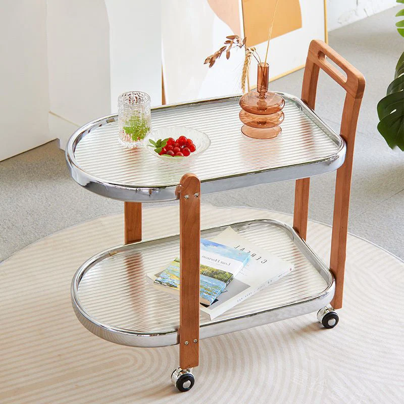 Traditional Japanese Removable Oval Rubberwood Iron Glass End Table 2-Tier For Living Room