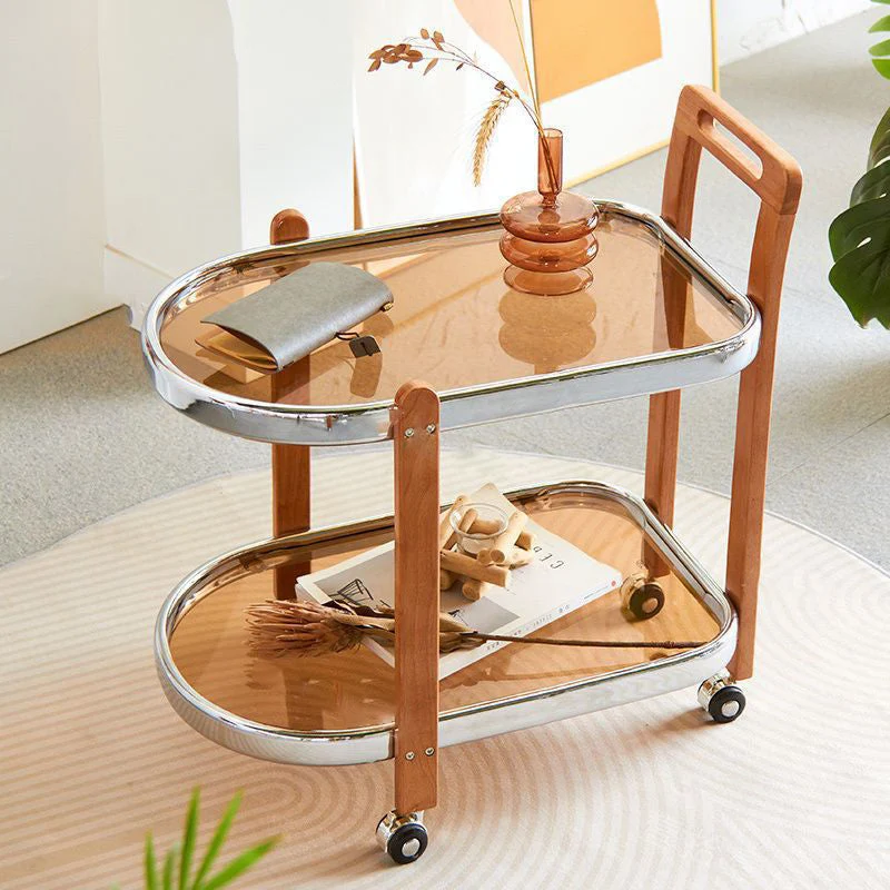 Traditional Japanese Removable Oval Rubberwood Iron Glass End Table 2-Tier For Living Room