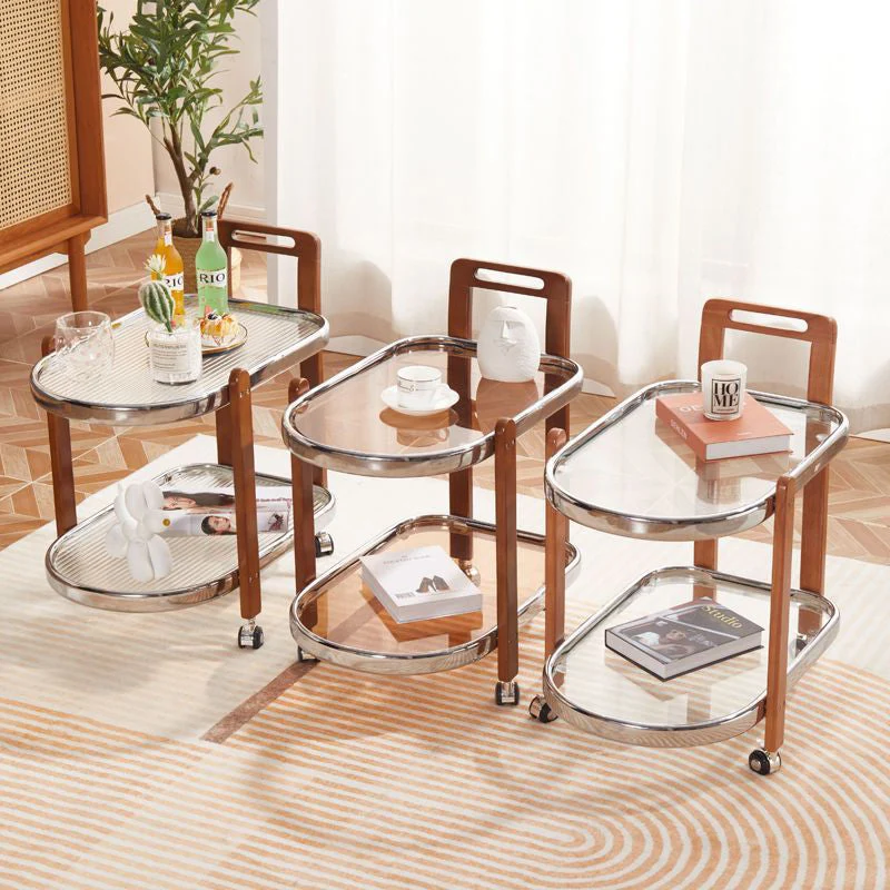 Traditional Japanese Removable Oval Rubberwood Iron Glass End Table 2-Tier For Living Room