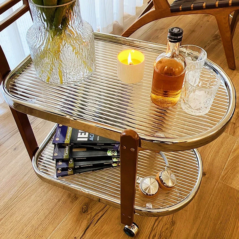 Traditional Japanese Removable Oval Rubberwood Iron Glass End Table 2-Tier For Living Room