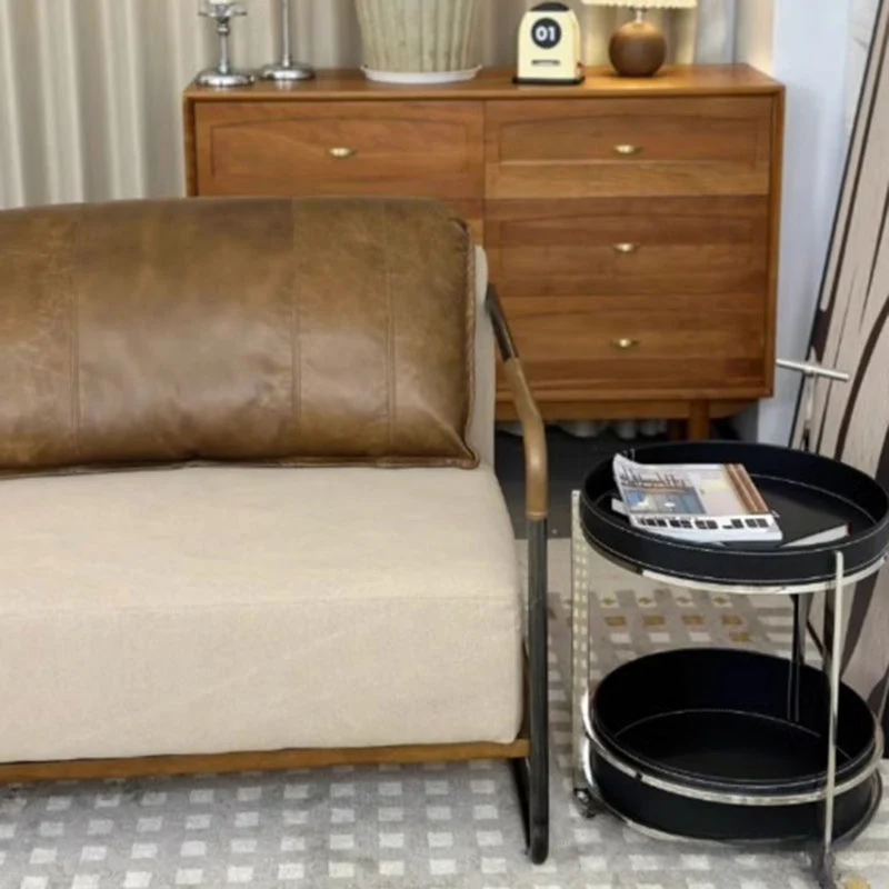 Modern Minimalist Round Saddle-Style Faux Leather Stainless Steel End Table 2-Tier For Living Room