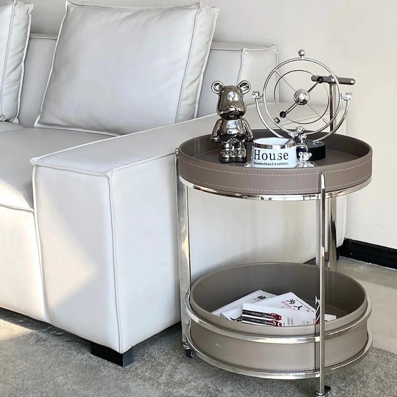 Modern Minimalist Round Saddle-Style Faux Leather Stainless Steel End Table 2-Tier For Living Room