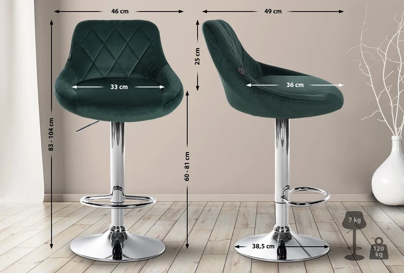Set de 2 tabourets de bar coutures décoratives losanges assise en velours vert foncé et cadre en métal chromé TDB10771
