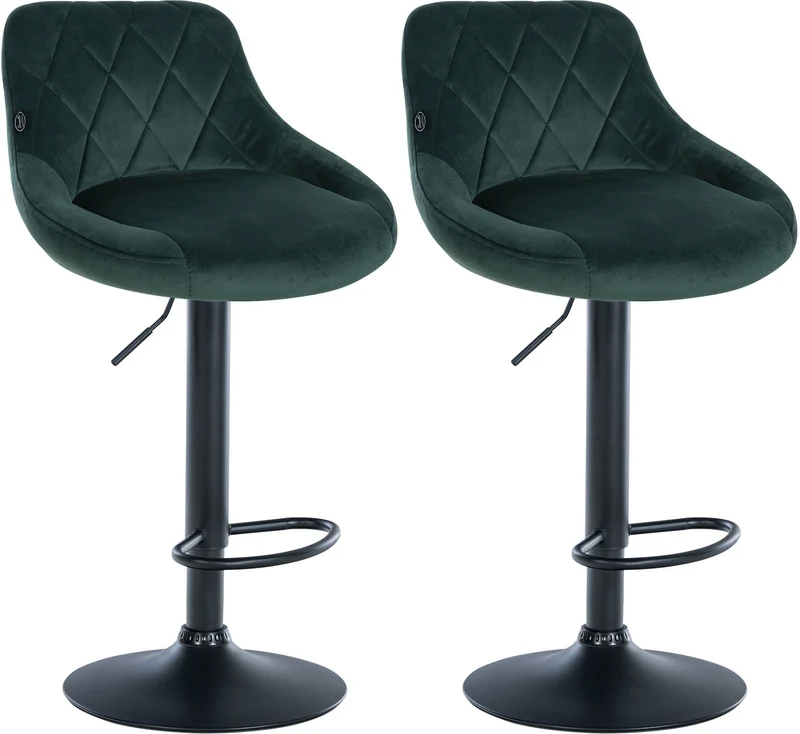 Set de 2 tabourets de bar coutures décoratives losanges assise en velours vert foncé et cadre en métal noir TDB10778