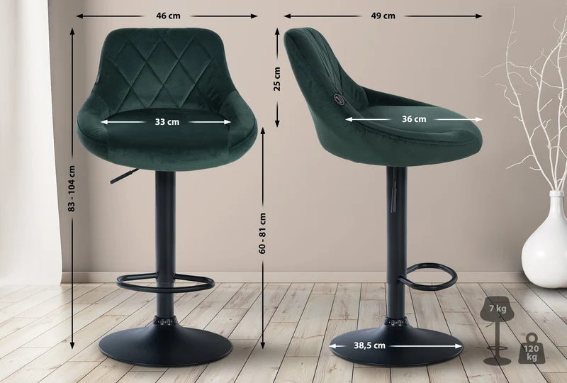 Set de 2 tabourets de bar coutures décoratives losanges assise en velours vert foncé et cadre en métal noir TDB10778