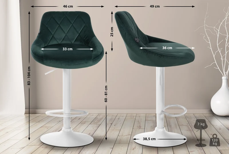 Lot de 2 tabourets de bar siège pivotant sur 360° en tissu vert foncé et métal blanc 10_0004271