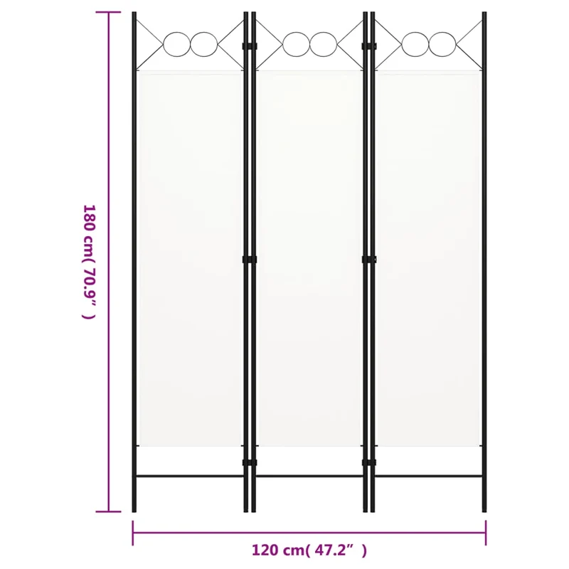 Paravent séparateur de pièce cloison 3 panneaux 120 x 180 cm tissu blanc et fer DEC030735