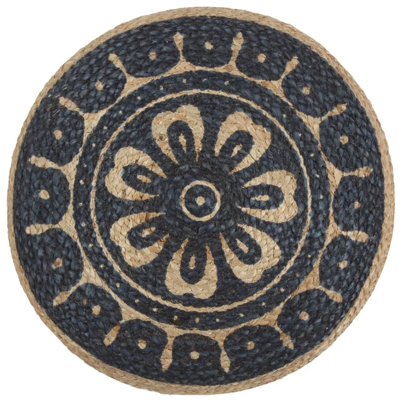 Pouf tabouret repose-pied fait à la main 45 x 30 cm jute brun motif imprimé bleu DEC029975