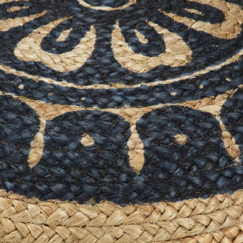 Pouf tabouret repose-pied fait à la main 45 x 30 cm jute brun motif imprimé bleu DEC029975