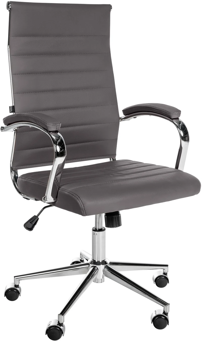 Fauteuil de bureau en cuir véritable gris surpiqûre horizontale et pieds métal chromé 10_0002558