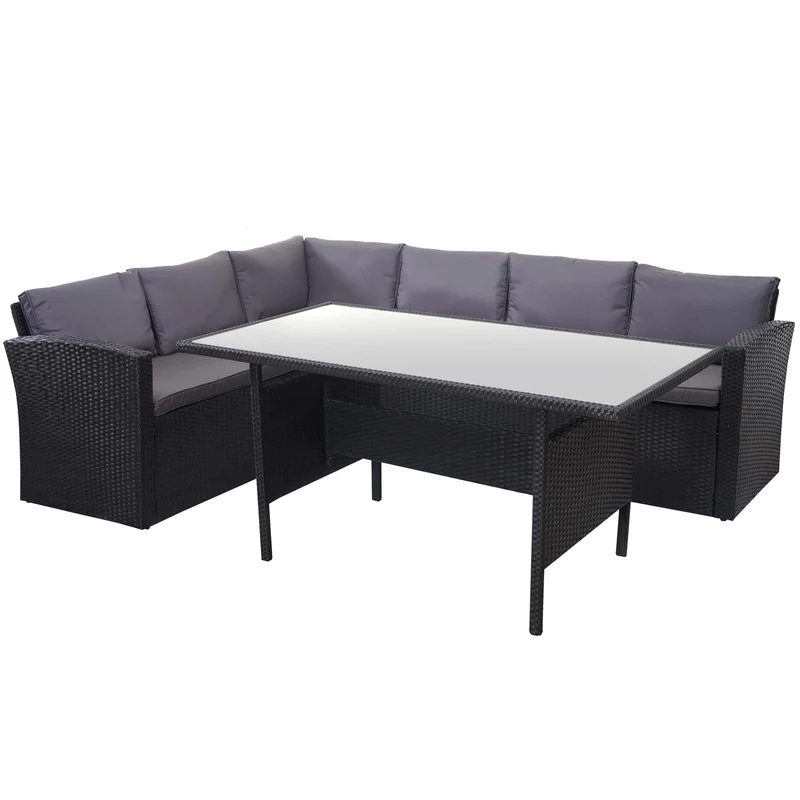 Ensemble complet de salon de jardin terrasse balcon véranda en polyrotin noir coussin gris foncé 04_0004193