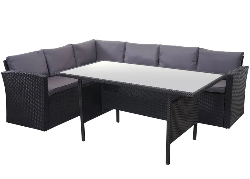 Ensemble complet de salon de jardin terrasse balcon véranda en polyrotin noir coussin gris foncé 04_0004193