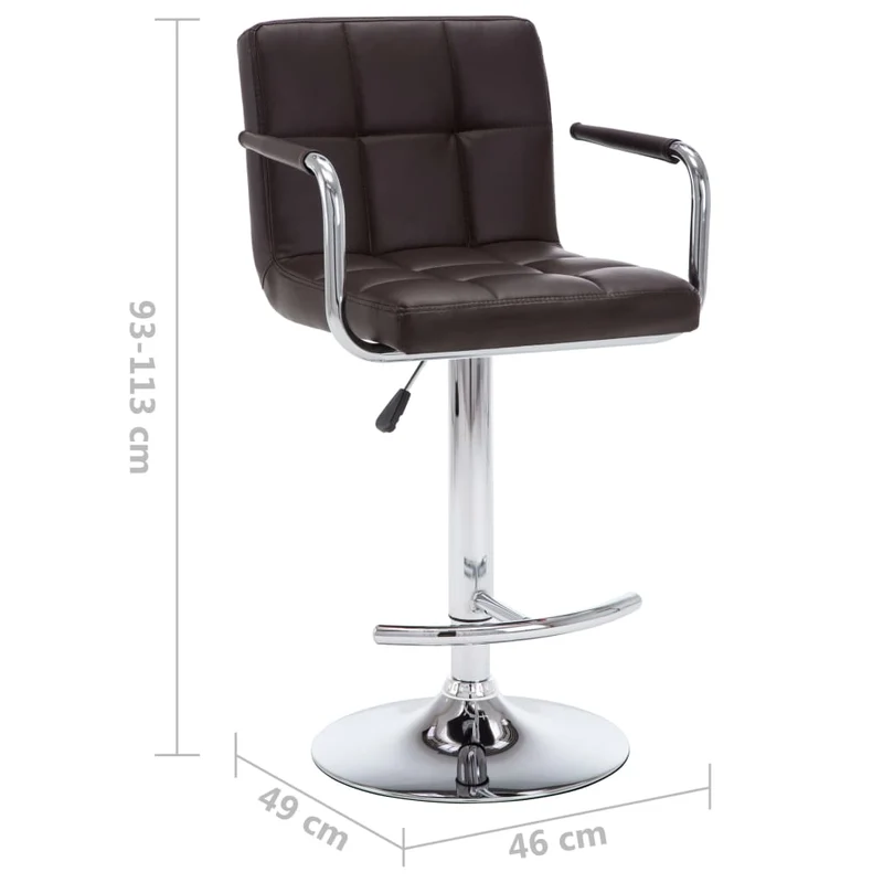 Lot de 2 tabourets de bar chaises hautes avec accoudoirs et dossier en PVC marron et acier DEC029774