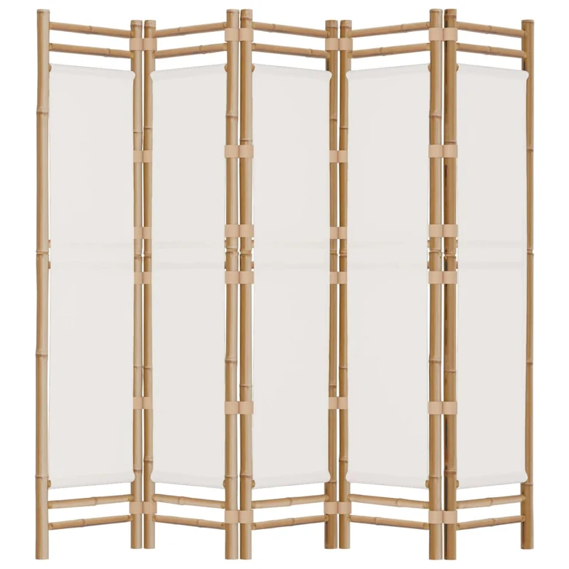 Paravent séparateur de pièce cloison pliante 5 panneaux 200 cm bambou et toile crème DEC031191