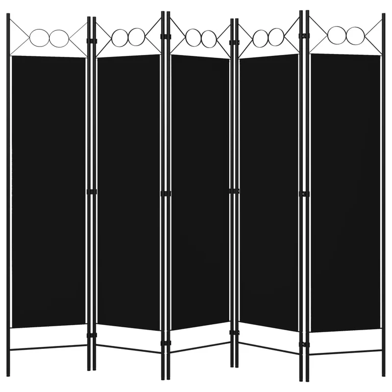 Paravent séparateur de pièce cloison 5 panneaux 200 x 180 cm tissu noir et fer DEC031010
