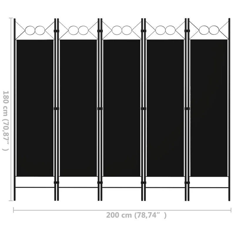Paravent séparateur de pièce cloison 5 panneaux 200 x 180 cm tissu noir et fer DEC031010