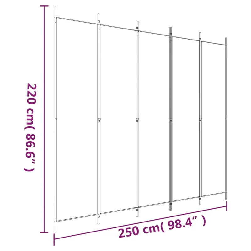 Paravent séparateur de pièce cloison 5 panneaux 250 x 220 cm tissu blanc et fer DEC030948