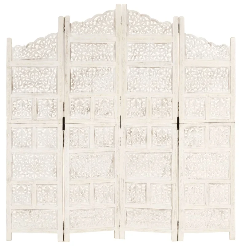 Paravent séparateur de pièce cloison 4 panneaux 160 x 165 cm MDF et bois manguier blanc DEC030835
