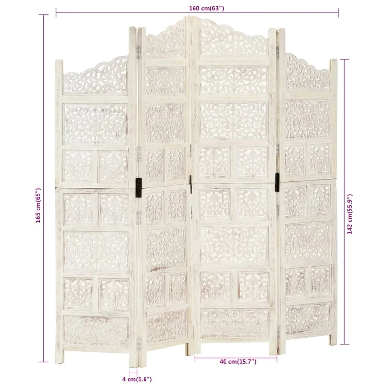 Paravent séparateur de pièce cloison 4 panneaux 160 x 165 cm MDF et bois manguier blanc DEC030835