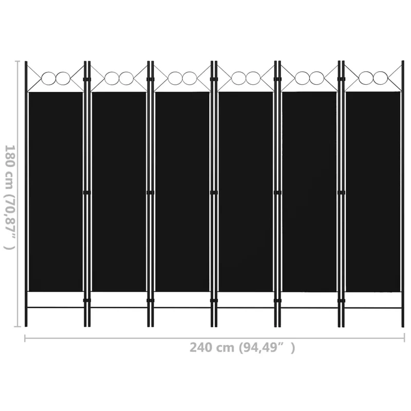 Paravent séparateur de pièce cloison 6 panneaux 240 x 180 cm en tissu noir et fer DEC031114