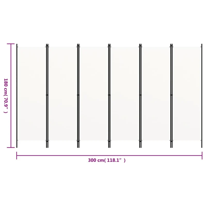 Paravent séparateur de pièce cloison 6 panneaux 300 x 180 cm en tissu blanc et fer DEC031047