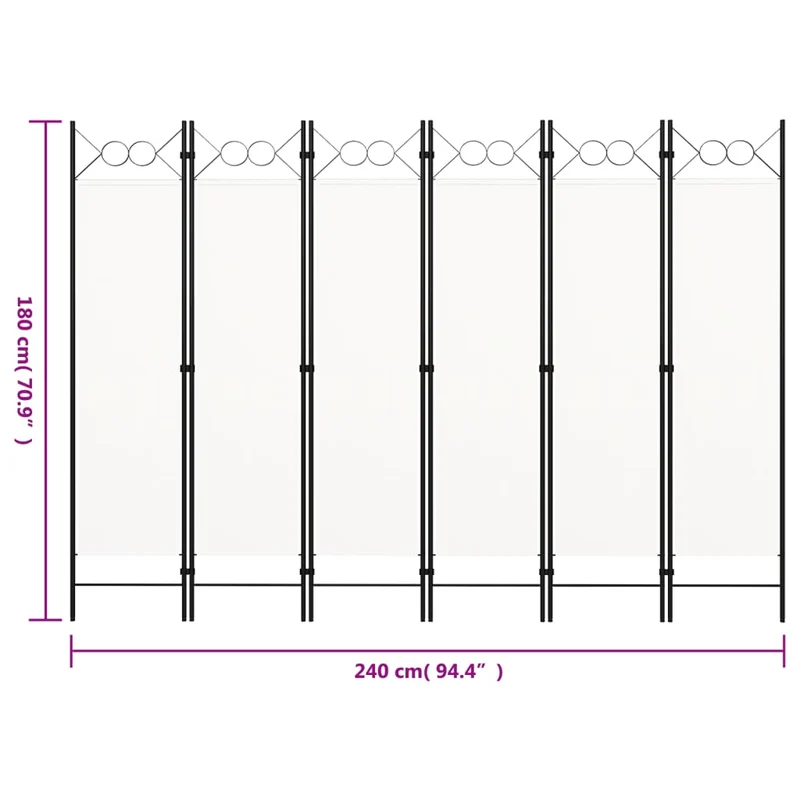 Paravent séparateur de pièce cloison 6 panneaux 240 x 180 cm en tissu blanc et fer DEC031043