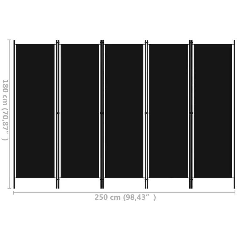 Paravent séparateur de pièce cloison 5 panneaux 250 x 180 cm en tissu noir et fer DEC031012