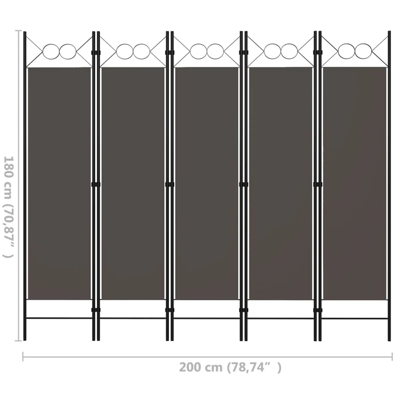 Paravent séparateur de pièce cloison 5 panneaux 200 x 180 cm tissu anthracite et fer DEC030928