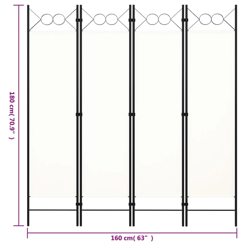 Paravent séparateur de pièce cloison 4 panneaux 160 x 180 cm tissu blanc et fer DEC030836
