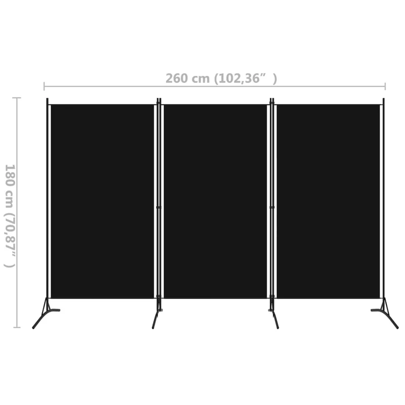 Séparateur de pièce cloison 3 panneaux 260 x 180 cm tissu noir et fer DEC030801