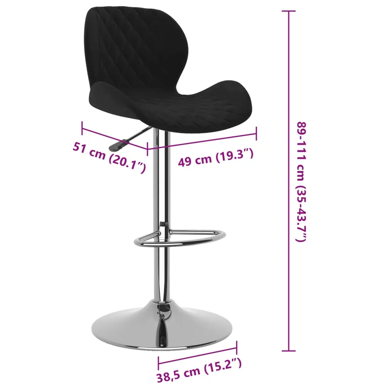Lot de 2 tabourets de bar chaises hautes noir coutures en losange en velours noir et cadre en acier DEC029834