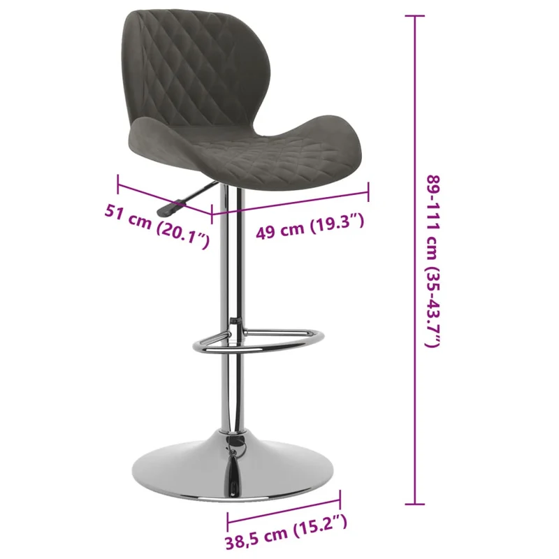 Lot de 2 tabourets de bar chaises hautes coutures losange en velours gris foncé et acier DEC029716