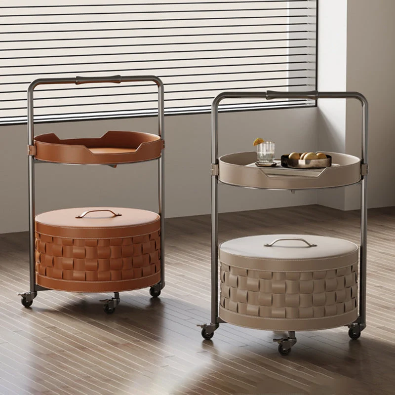 Contemporary Nordic Round Stainless Steel Saddle-Style Faux Leather End Table Movable 2-Tier For Living Room