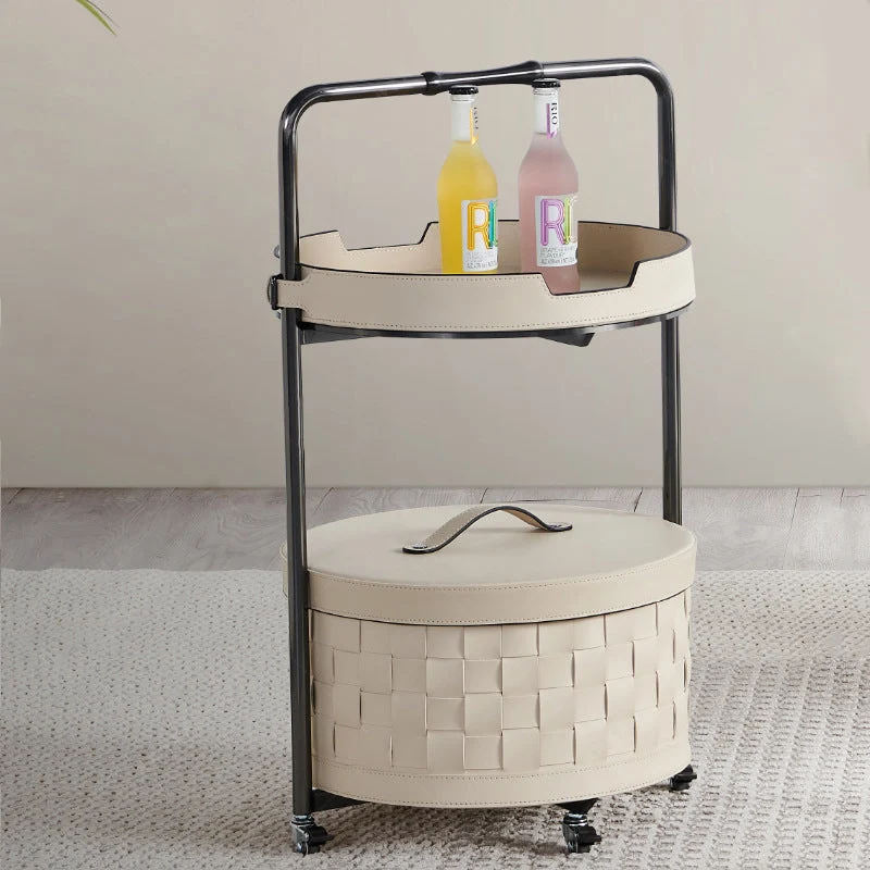 Contemporary Nordic Round Stainless Steel Saddle-Style Faux Leather End Table Movable 2-Tier For Living Room