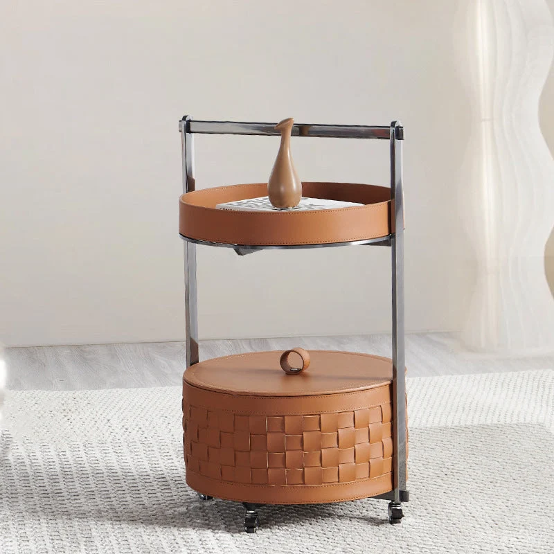 Contemporary Nordic Round Stainless Steel Saddle-Style Faux Leather End Table Movable 2-Tier For Living Room