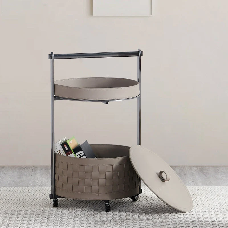 Contemporary Nordic Round Stainless Steel Saddle-Style Faux Leather End Table Movable 2-Tier For Living Room